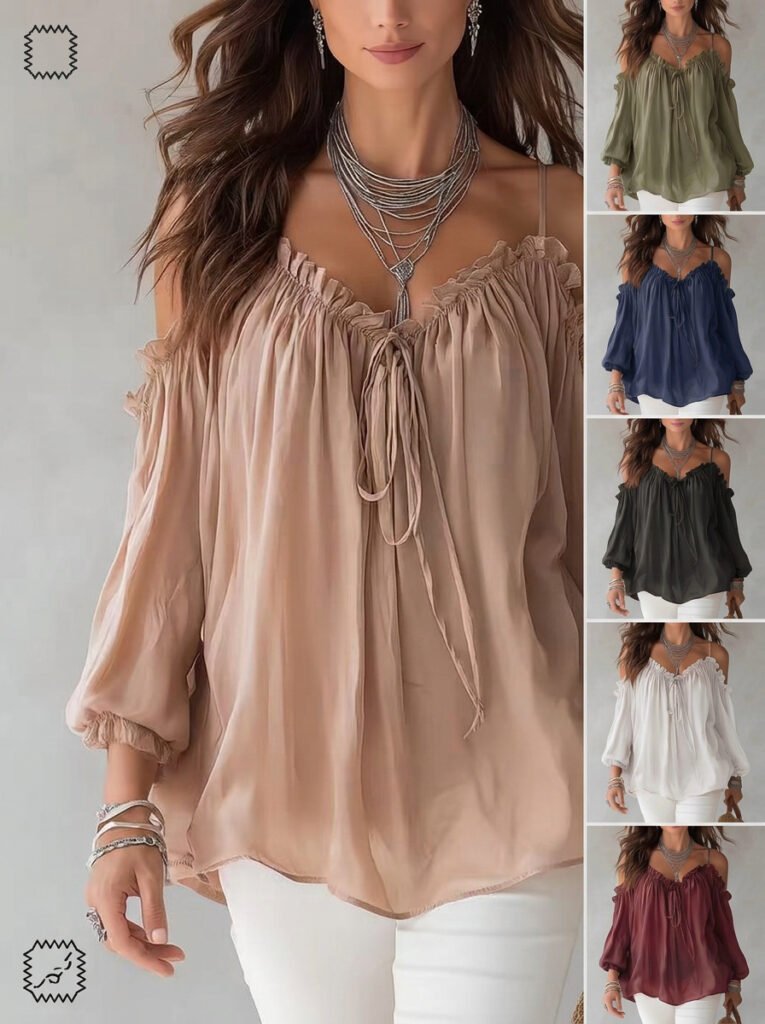 2026 Autumn Women's Shirt European And American Cross-Border New Style Ruffle Collar Casual Strapless Tie-Up Top