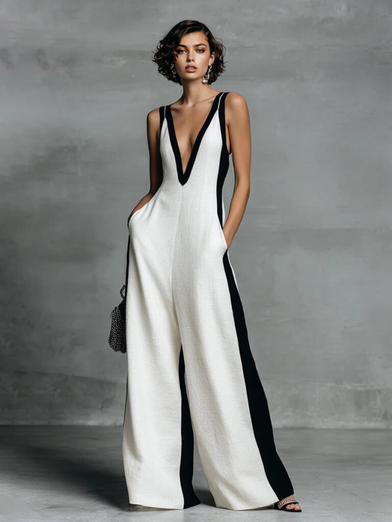 2026 European And American Cross-Border Women's Fashion Black And White Cotton And Linen Color-Blocking Spaghetti Strap Jumpsuit