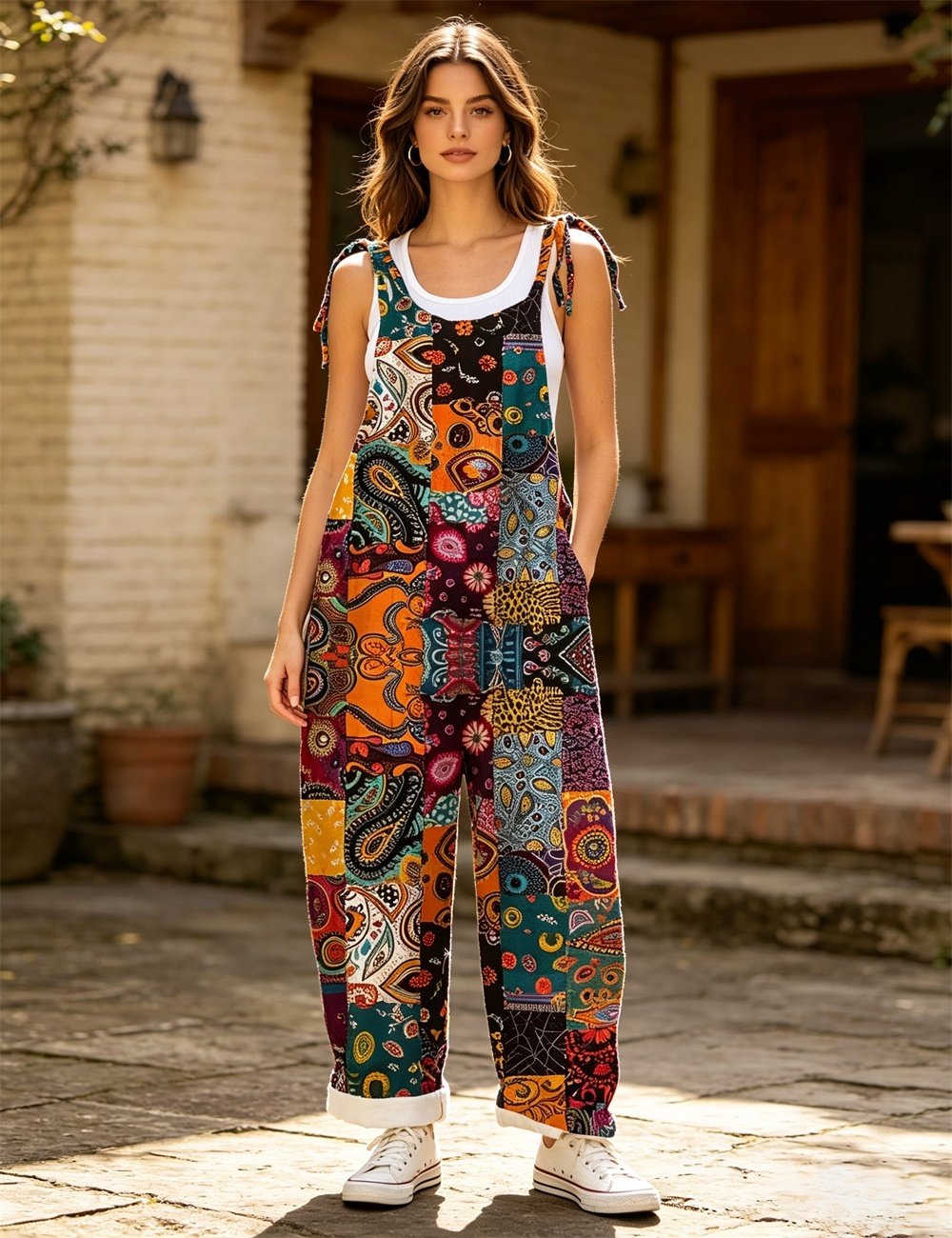 Women Vintage Abstract Plant Block Print Tie Strap Overalls, Loose Wide Leg Rolled Cuff Casual Jumpsuit With Pockets - Image 2