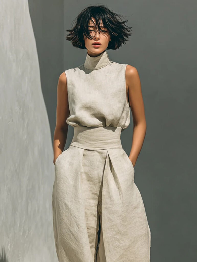2026 European And American Spring New Style Amazon Solid Color Elegant Women's Simple Cotton-Linen Blend Sleeveless Top And Wide-Leg Pants