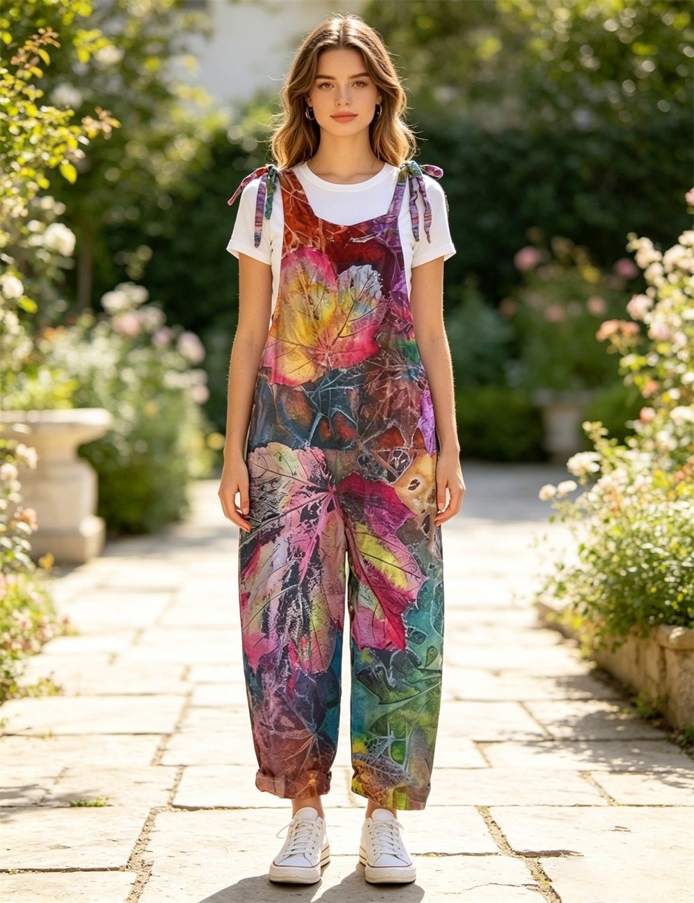 Women Vintage Abstract Plant Block Print Tie Strap Overalls, Loose Wide Leg Rolled Cuff Casual Jumpsuit With Pockets - Image 3