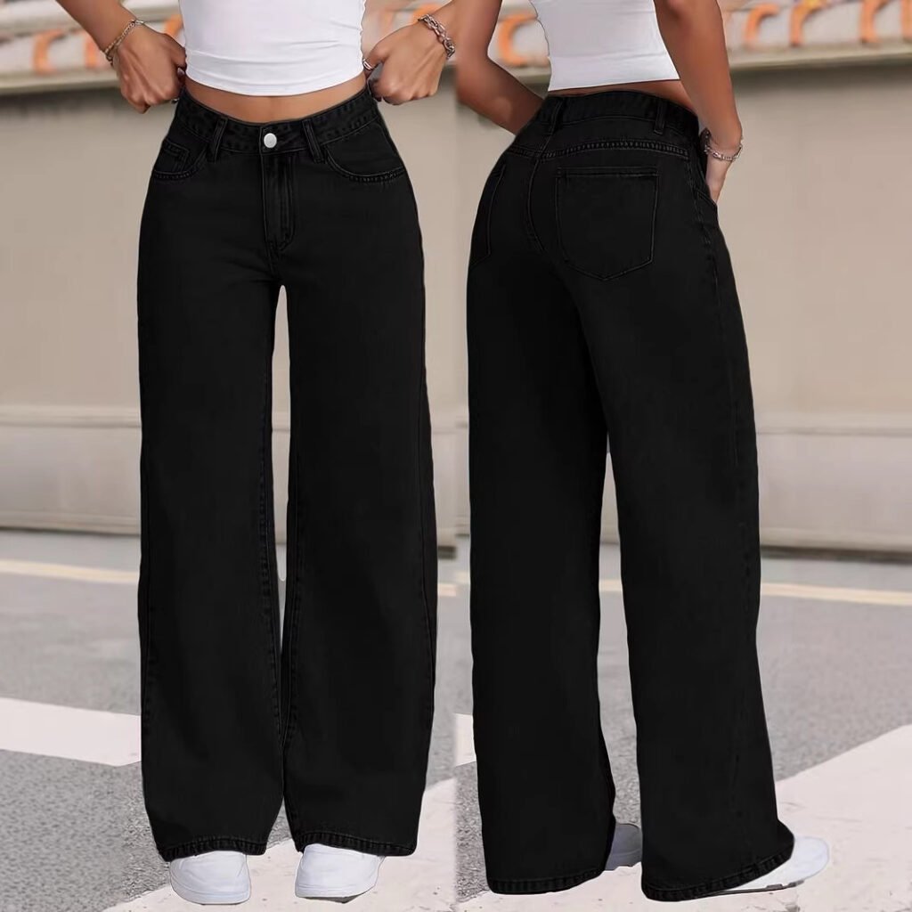 Draped Floor-length Black Straight-leg Jeans