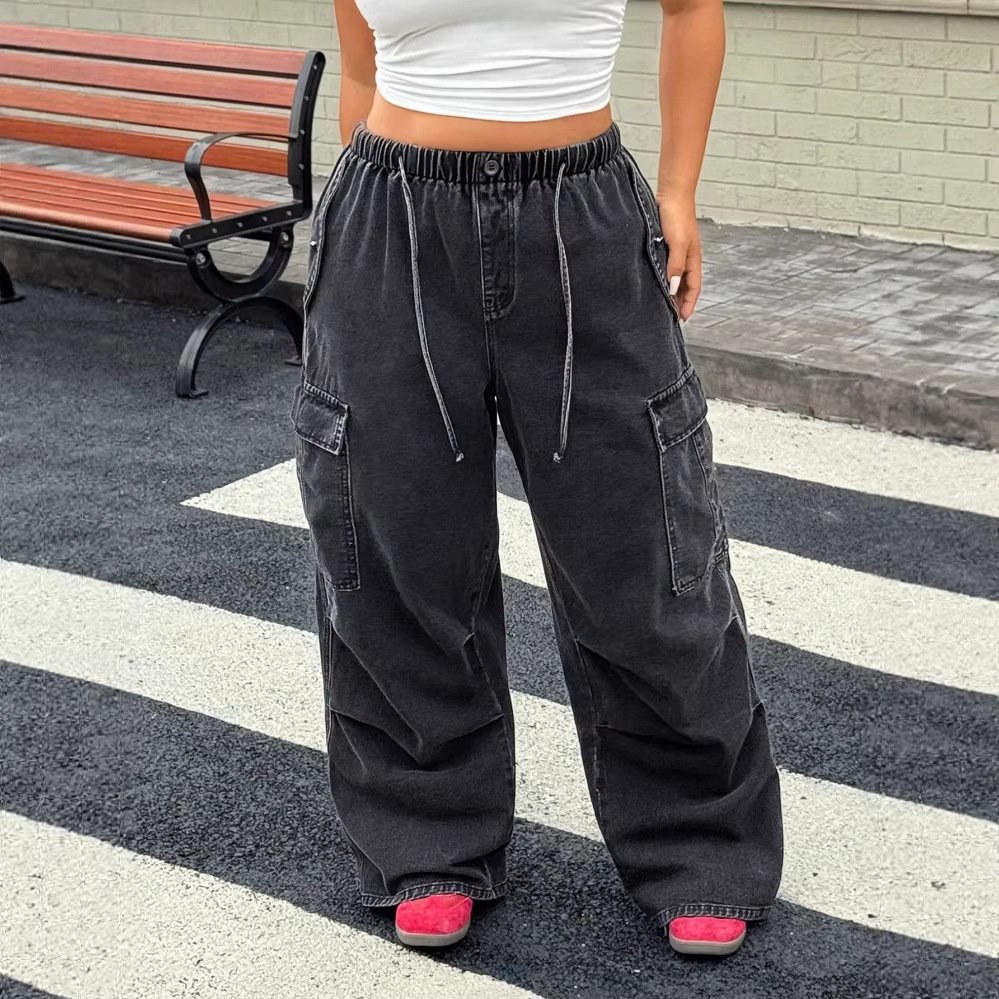 Womens Distressed Drawstring High-waist Loose-fit Wide-leg Jeans