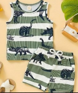 (12-18M ) Two Piece Set Of Dinosaur Printed Striped Vest Shorts For Boys