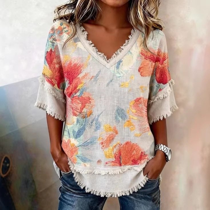 Vintage Short-sleeve V-neck Womens Top