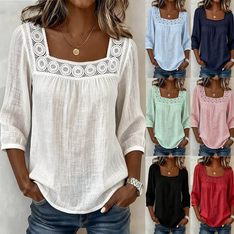2026 European And American Women's New Summer Solid Color Casual Square Collar Lace Splicing Seven Part Cotton And Linen Short Sleeved Top
