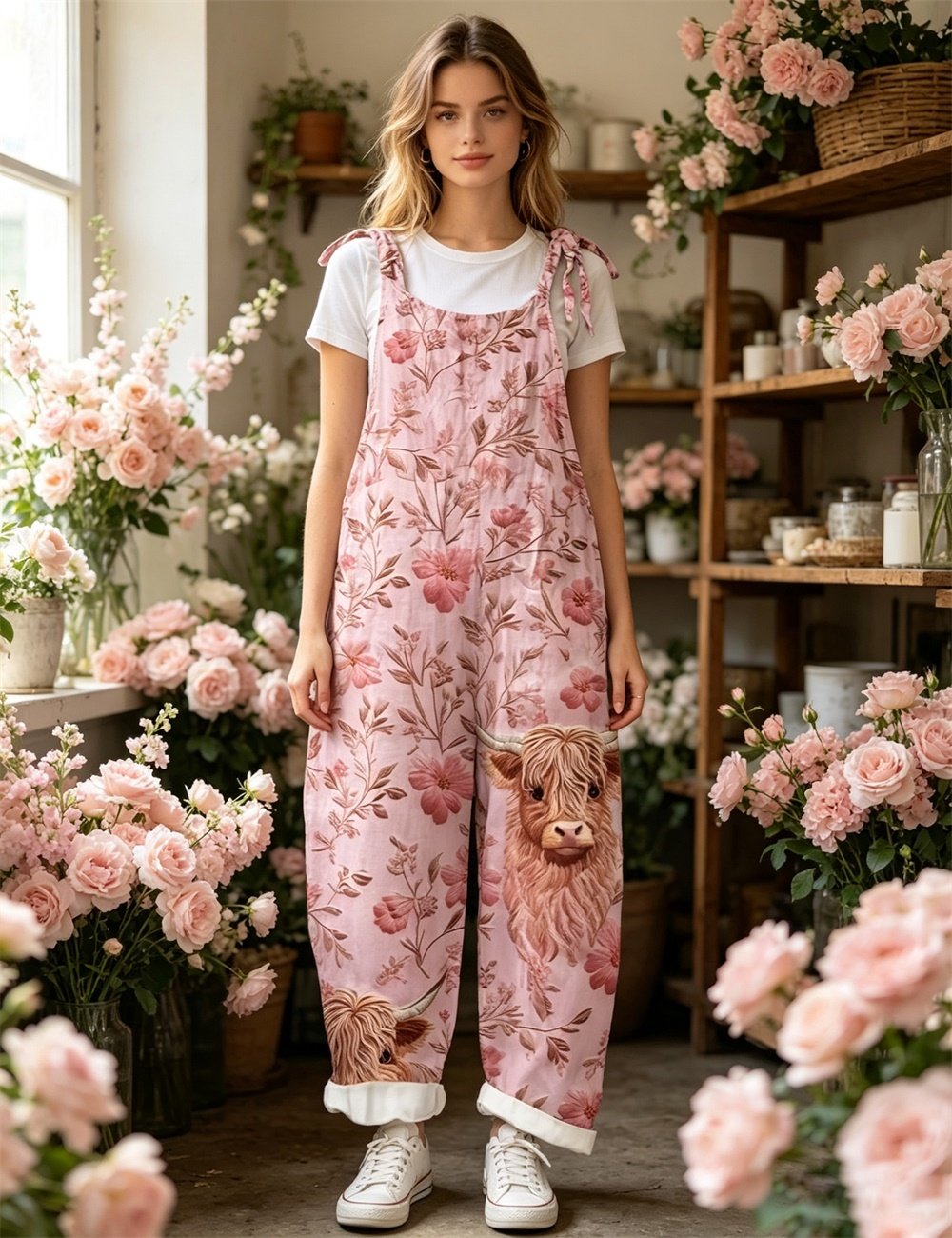 Women Vintage Abstract Plant Block Print Tie Strap Overalls, Loose Wide Leg Rolled Cuff Casual Jumpsuit With Pockets - Image 4