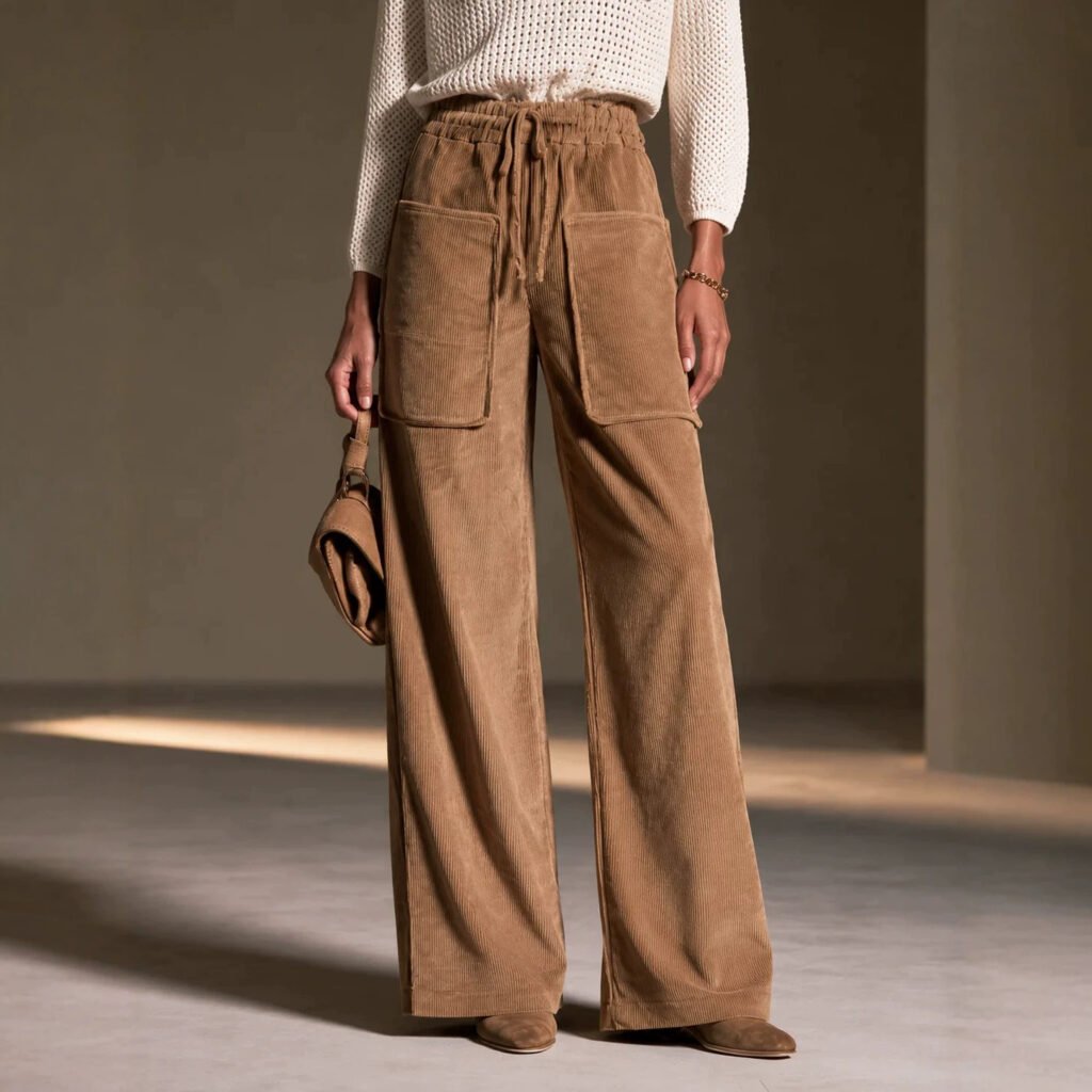 Women's High-waisted Drawstring Corduroy Wide-leg Pants