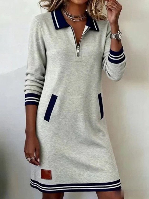 2026 Autumn Winter New Women's European And American Casual Zipper Collar Long Sleeve Pocket Color Blocked Dress