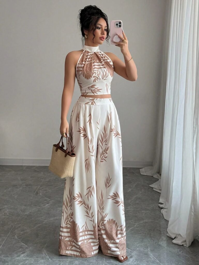 Cross-Border Amazon Women's Clothing  Summer Vacation Style European And American Style Halter Neck Tank Top Wide-Leg Pants Printed Set