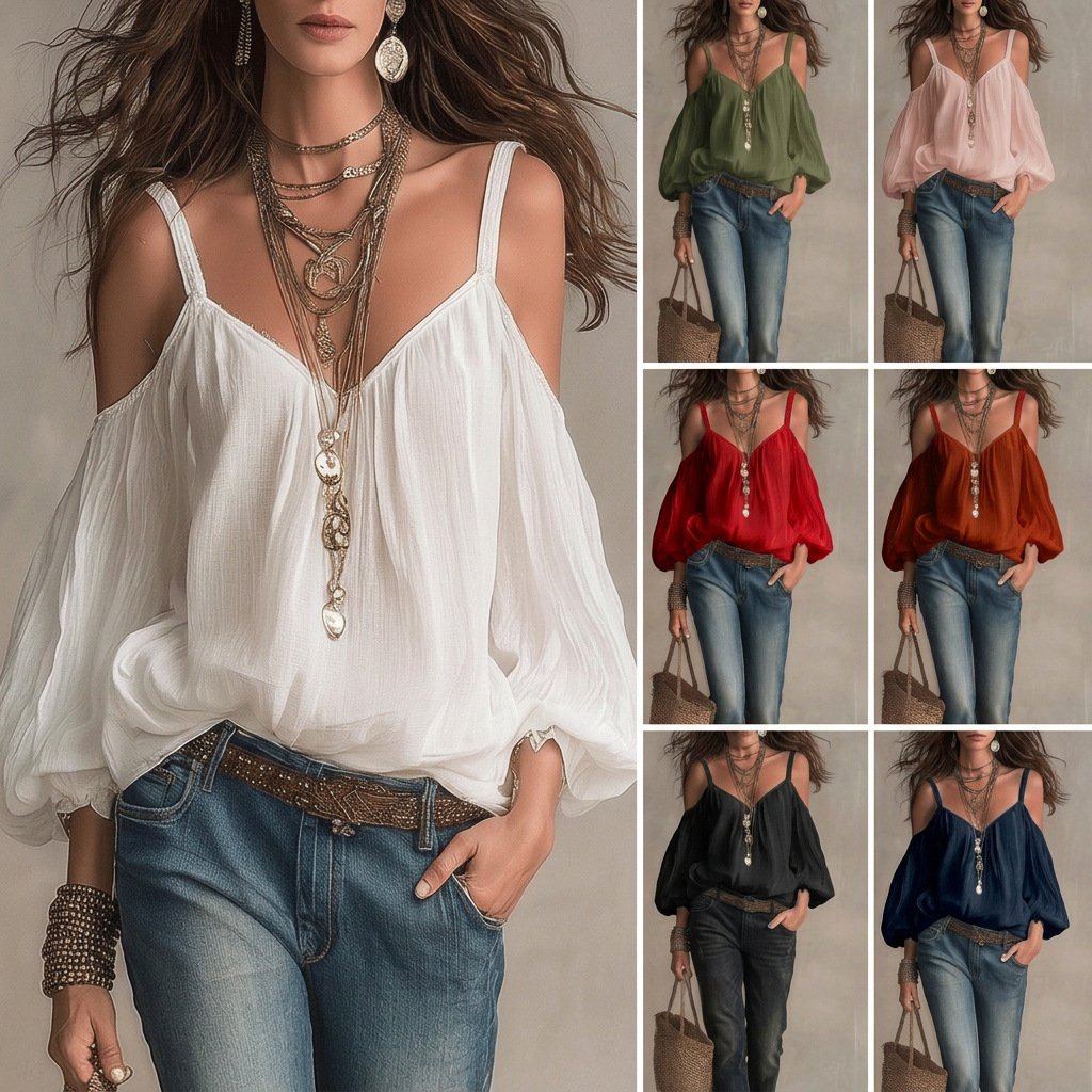 2026 European And American Cross-border Solid Color Loose Slimming Top For Women, Off-shoulder, Strapless, Puff Sleeve, Holiday Style Shirt