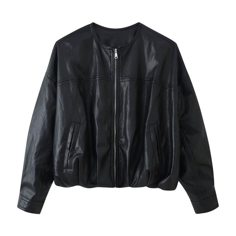 Women's Autumn PU Leather Biker Bubble-Sleeve Bomber Jacket
