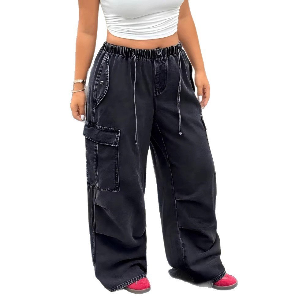 Womens Distressed Drawstring High-waist Loose-fit Wide-leg Jeans - Image 4