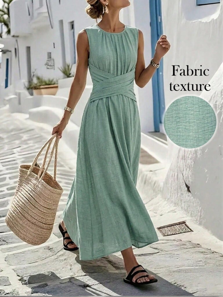2026 European And American Summer New Sleeveless Solid Color Dress, Waist Cinching Long Skirt, Vacation Style Fashionable Women's Clothing