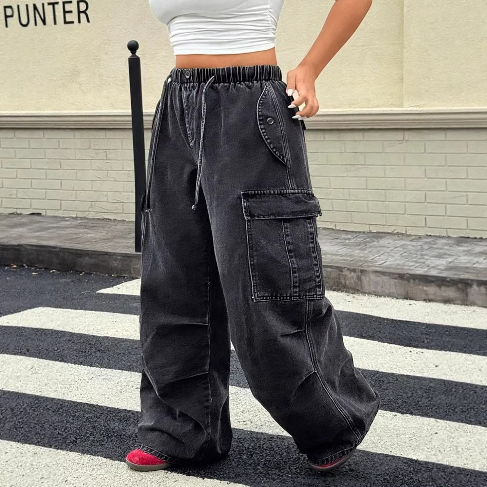 Womens Distressed Drawstring High-waist Loose-fit Wide-leg Jeans - Image 5