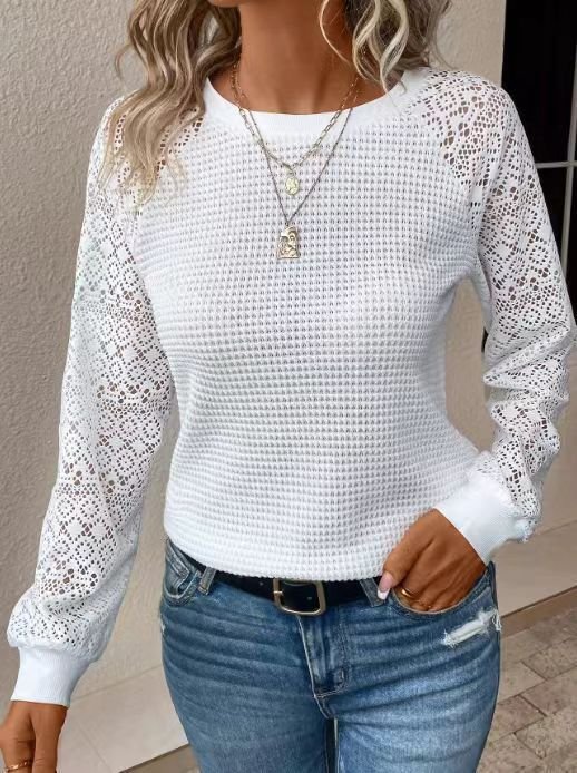 Cross-Border Foreign Trade Manufacturer European And American 2025 New Style Solid Color Lace Long-Sleeve Hollow-Out Round Neck Casual Women's T-Shirt Top